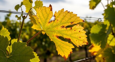Fototapeta premium Close up of a yellow grape leaf on a vine in autumn.