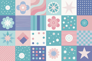 Colorful geometric patterns create a cheerful collage of design elements suitable for various projects