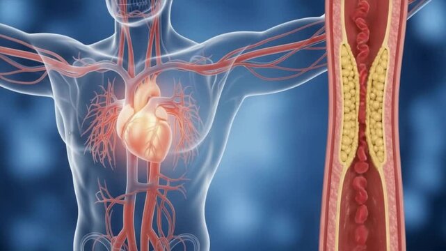 A semi transparent torso with glowing heart and artery cross section showing plaque buildup linked to poor blood circulation, high cholesterol, circulation issues