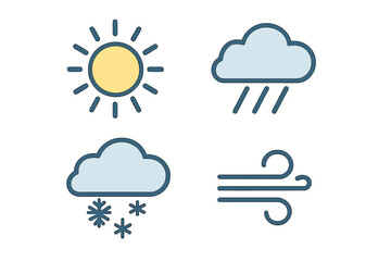 Weather icons showing sun, rain, snow, and wind illustrating different weather conditions in a simple design