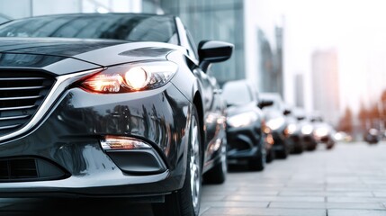 Naklejka premium Modern city dealership featuring a lineup of compact cars with a focus on the front vehicle and softfocus urban elements behind.