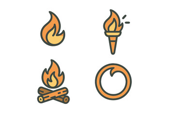 Various flame icons showcasing fire elements, campfires, and torches in a bright, vivid style for creative design purposes