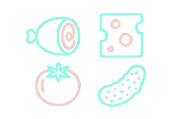 Colorful minimal line drawing of food items including meat, cheese, tomato, and cucumber for a bright kitchen decor
