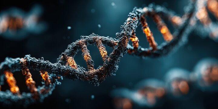 Detailed 3D Rendering of aDNA Double Helix with Orange Glow genetic science