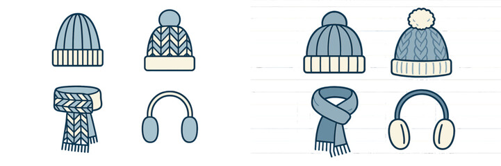 Winter accessories including knitted hats, scarves, and earmuffs arranged in a colorful layout showcasing styles and patterns