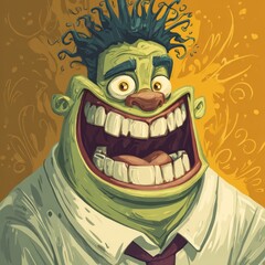 Obraz premium Cartoonish Green Man with Exaggerated Smile and Wild Hair.
