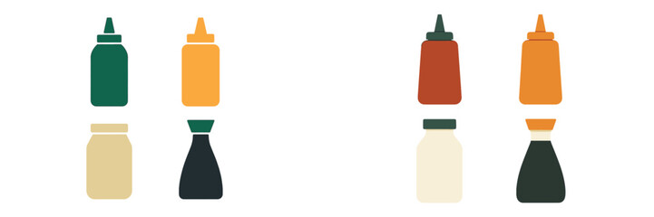 Colorful condiment bottles arranged in pairs, showcasing mustard, ketchup, and other sauces on a clean white background