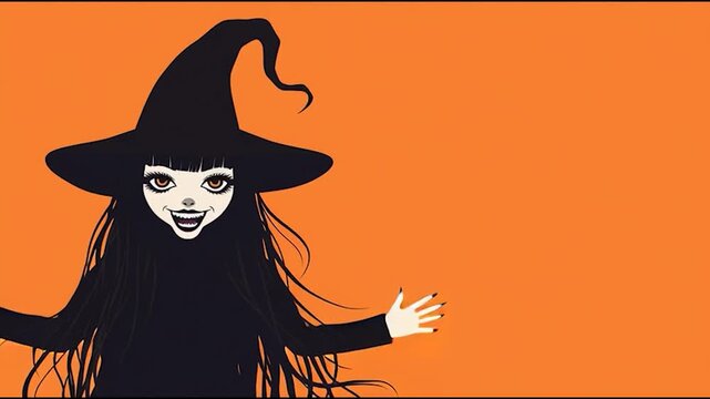 An illustration of a witch with long black hair and a pointed hat against an orange background, evoking a spooky, Halloween-themed aesthetic.