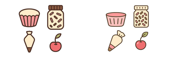 Colorful set of baking ingredients and tools for cake decoration on a bright, cheerful background at a home kitchen setting