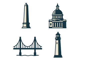 Obraz premium Landmarks of a city depicted with simple silhouettes showcasing cultural and historical elements during daylight hours