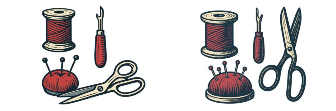 Crafting tools display sewing essentials like spools, scissors, and pin cushions for creative projects