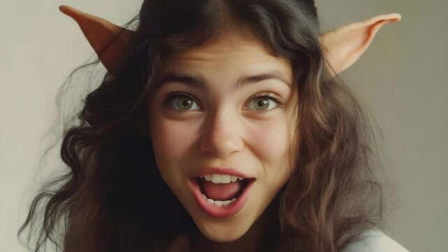 Young woman with pointy elf ears sticking her tongue out playfully at the camera.