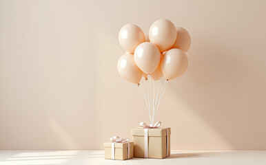 Beige balloons floating above gift boxes pastel
