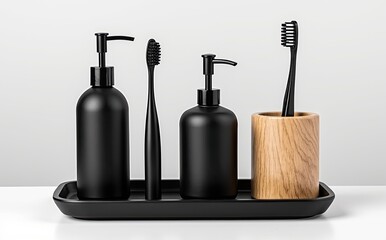 Black and wood bathroom accessories set image