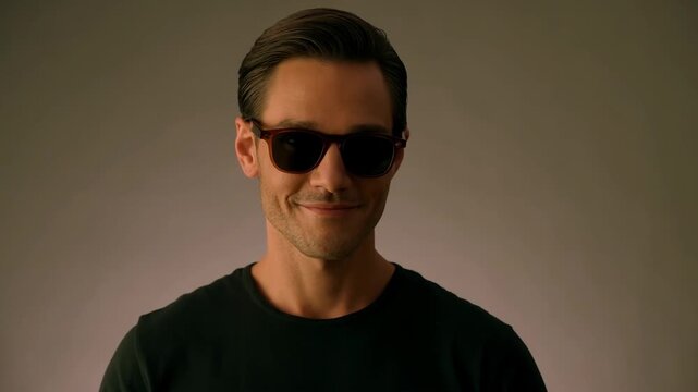 A man in a black tshirt pulls down his sunglasses, revealing his eyes with a subtle smirk