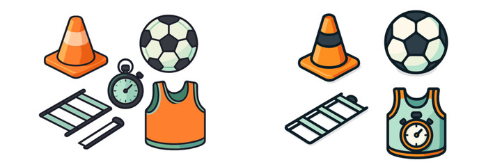 Sports equipment for soccer training includes cones, balls, jerseys, and stopwatches set on a plain background