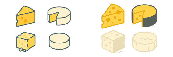 Different types of cheese displayed with various shapes and textures on a simple background