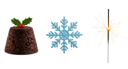 Christmas pudding with holly, blue snowflake ornament, and lit sparkler on white background, festive holiday decorations perfect for winter celebrations