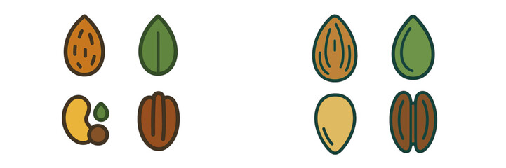 Nut and Seed Illustration showing various types and colors in a simple, clear style