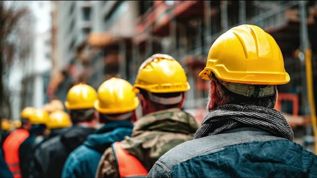 A line of construction workers wearing yellow hard hats facing away in an urban setting