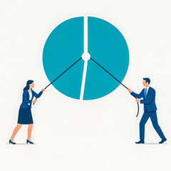 Square vector illustration of businesspeople in teamwork activity, two coworkers in suits pulling ropes to adjust large pie chart, corporate planning, strategy, and financial data management concept
