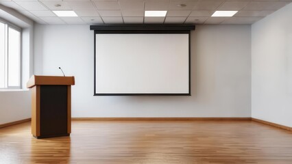 Modern Seminar Room with Wooden Lectern and Blank Projector Screen
