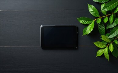 Black tablet green leaves dark background electronic device