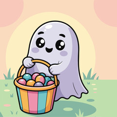 Cute Ghost with Easter Eggs Basket Vector