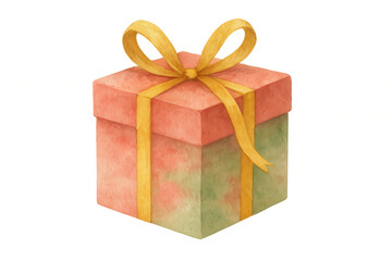 Obraz premium Watercolor gift box with golden ribbon bow, presenting celebration surprise on holidays, transparent background