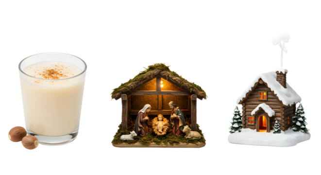 Glass of eggnog with nutmeg, nativity scene figurine, and snowy winter log cabin decoration, perfect for Christmas and holiday themes