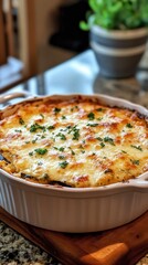 Cheesy baked lasagna with herbs in white ceramic dish on wooden board National Lasagna Day. National Food Month