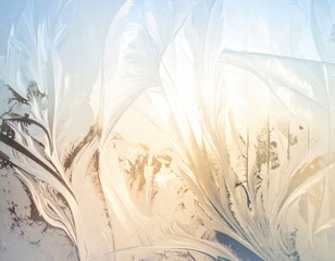 Feathery Frost Crystals on Backlit Window at Sunrise