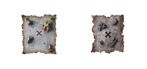 Ancient treasure maps with x marks spanning diverse terrain
