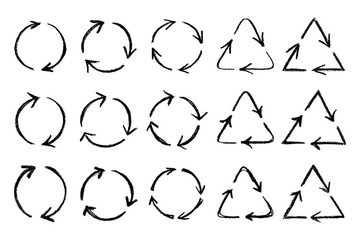Set of hand drawn recycle arrow icon Recycling resources symbol Reuse of materials, zero waste, green environment, saving the planet