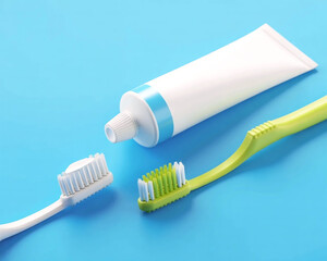 Sparkling clean smile begins with fresh toothpaste and vibrant toothbrushes on a clean blue background