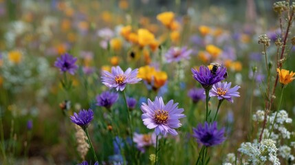 Medium shot of blooming native wildflowers with vibrant petals sharply focused blurred background highlighting pollinators feeding gently in restored habitat.
