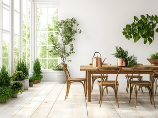 Stylish composition of craft oak wooden table with chairs on each side in modern dining room interior, dining table and chairs