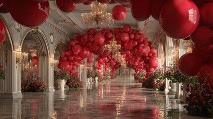 Romantic Grand Hall with Red Balloon Arches, Opulent Floral Arrangements and Gold Classical Architecture – Luxury Event Interior Perfect for Weddings, Receptions or Elegant Celebrations