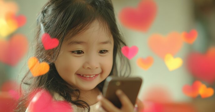 Happy smiling cute little Asian girl looking at smartphone screen with colourful hearts floating around. Social media digital chat communication and notification icons concept