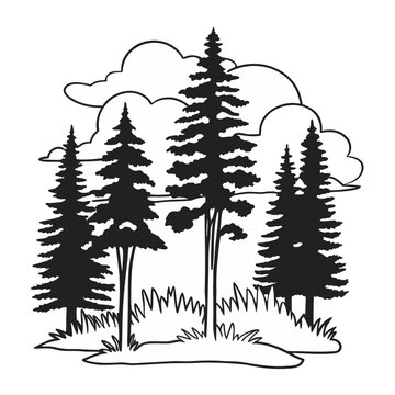 set of silhouettes of trees