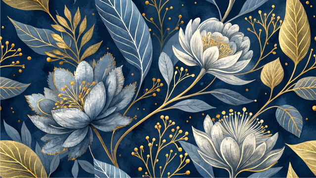 Seamless pattern of surreal metallic flowers and leaves, intricate details, watercolor style with chrome and gold accents, against a deep navy blue background.