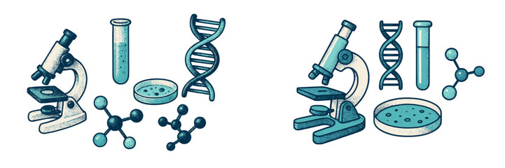 Illustration of scientific tools including microscopes, DNA strands, and chemical compounds used in laboratory settings