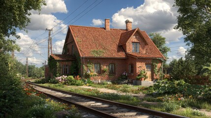 Obraz premium Rustic Cottage by the Train Tracks in Lush Countryside Landscape – Traditional Brick House Surrounded by Trees, Flowers and Garden Under Clear Blue Sky – Peaceful Rural Vintage Home Scene
