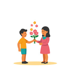 a woman giving a bouquet to a boy