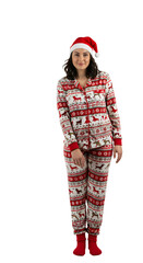 Woman in Christmas pajamas and Santa hat standing isolated on black background, festive holiday outfit, perfect for winter season and Christmas celebrations