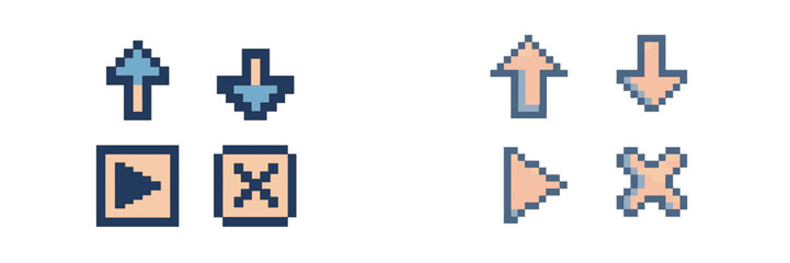 Obraz premium Pixel art icons representing navigation and control for user interface design in digital applications