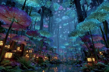 A serene glowing forest with glowing bioluminescent mushrooms illuminating a dreamlike woodland filled with neon colors. Surreal fantasy forest concept.