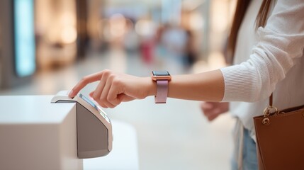 Shopper Using Rose Gold Smartwatch for Contactless Payment at Mall Checkout
