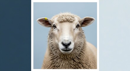 Close-up Portrait of a White Sheep with a Blue Background.