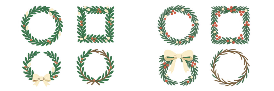 Decorative wreath designs featuring greenery and festive accents for holiday celebrations